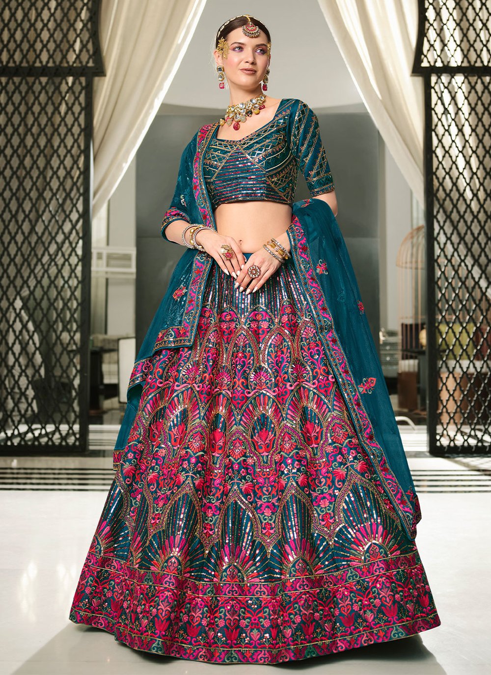 Lehenga Choli Silk Teal Embroidered Lehenga Choli