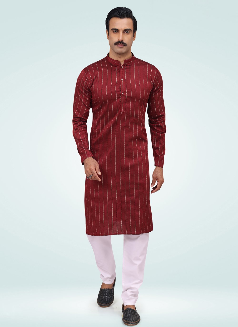 Kurta Pyjama Silk Red Fancy Work Mens