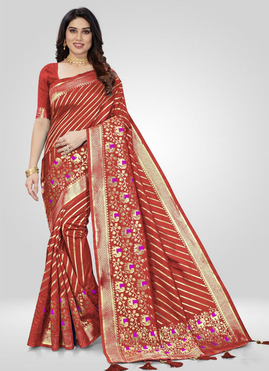 Designer Silk Red Jacquard Work Saree