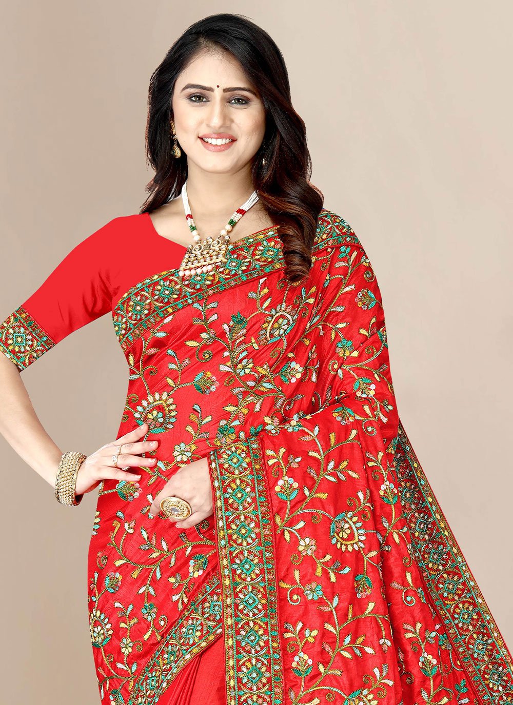 Traditional Saree Silk Red Embroidered Saree