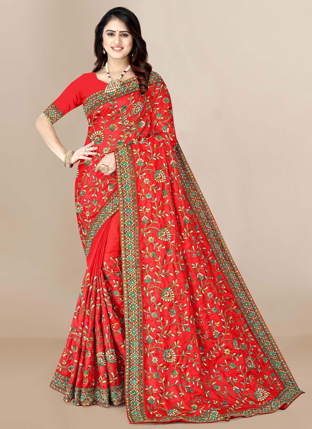 Traditional Saree Silk Red Embroidered Saree