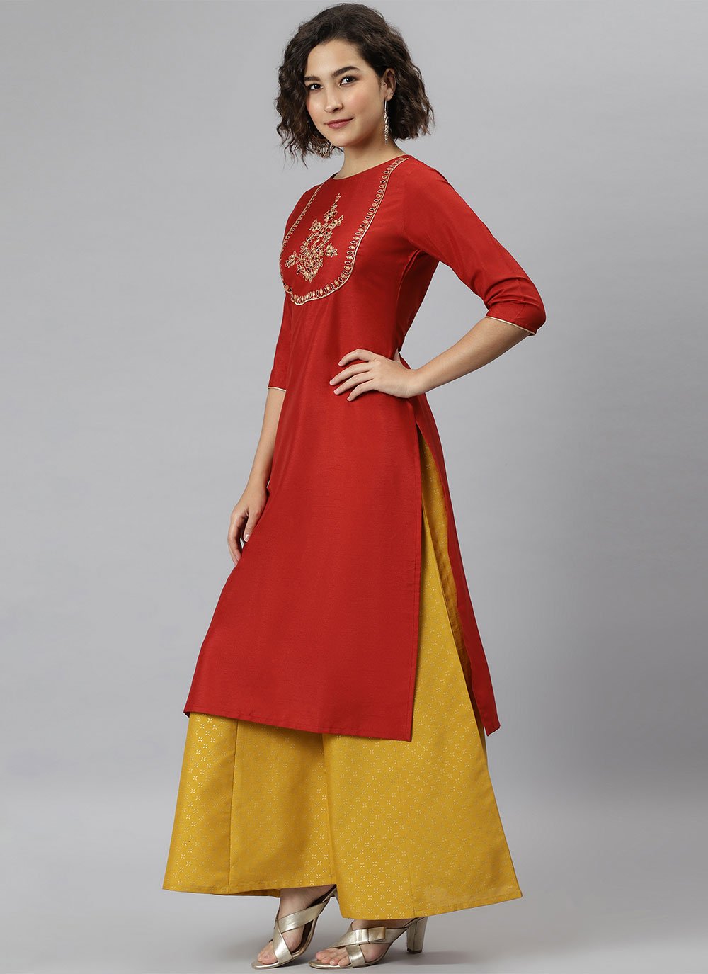 Party Wear Kurti Silk Red Embroidered Kurtis