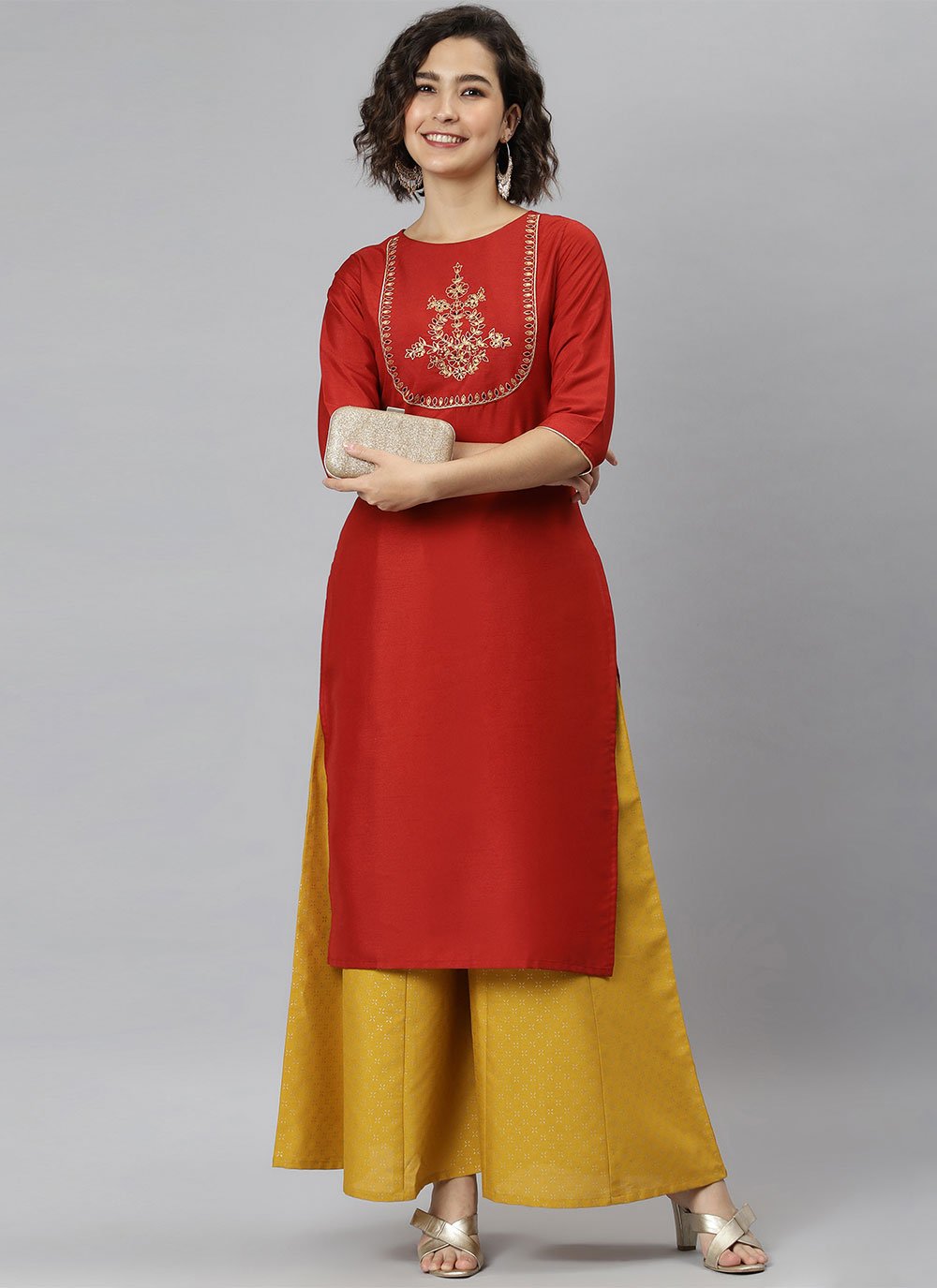 Party Wear Kurti Silk Red Embroidered Kurtis