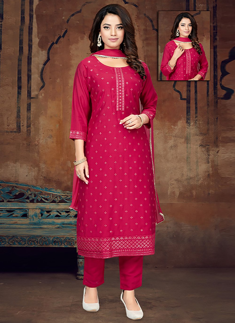 Salwar Suit Silk Red Crystals Salwar Kameez