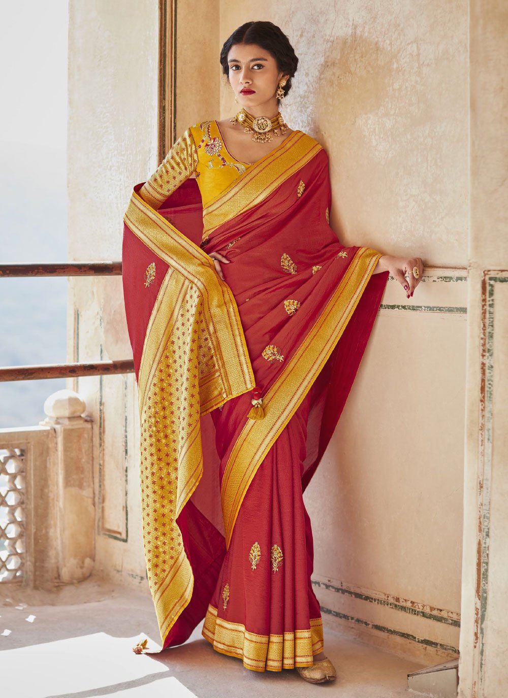 Trendy Saree Silk Red Embroidered Saree