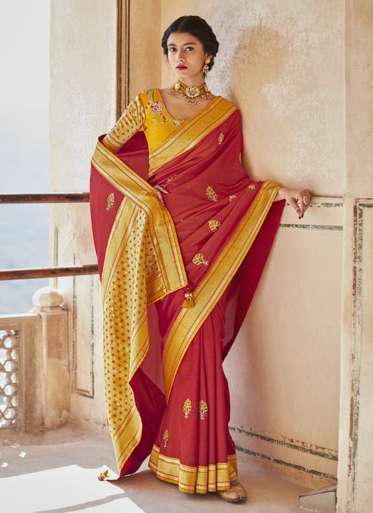 Trendy Saree Silk Red Embroidered Saree