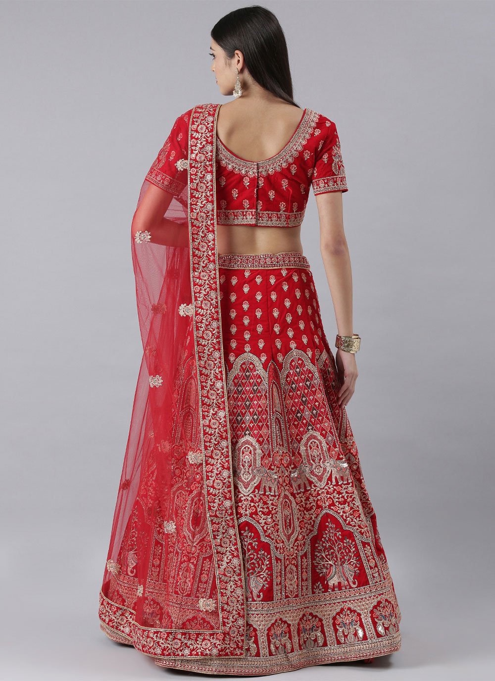 A Line Lehenga Silk Red Embroidered Lehenga Choli