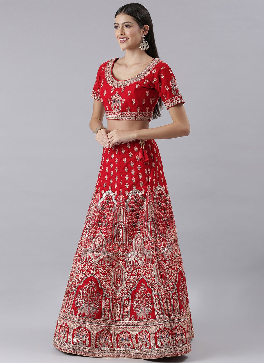 A Line Lehenga Silk Red Embroidered Lehenga Choli