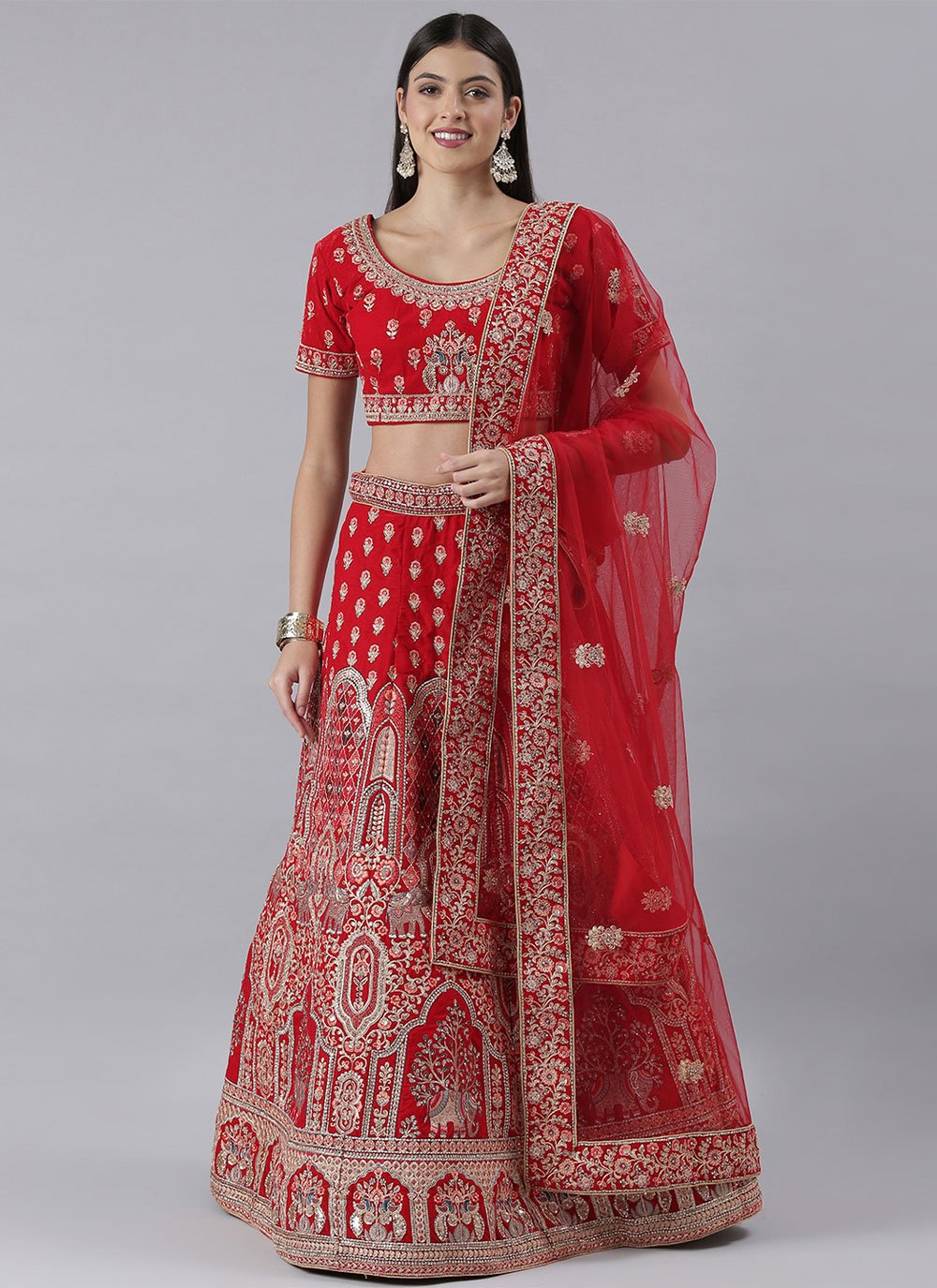 A Line Lehenga Silk Red Embroidered Lehenga Choli