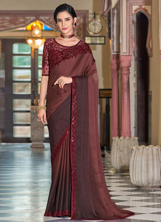 Contemporary Silk Maroon Embroidered Saree