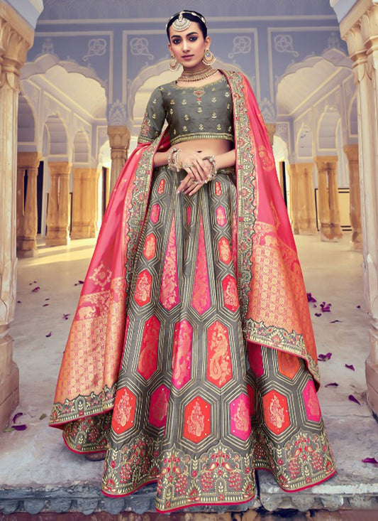 Lehenga Choli Silk Grey Pink Beads Lehenga Choli