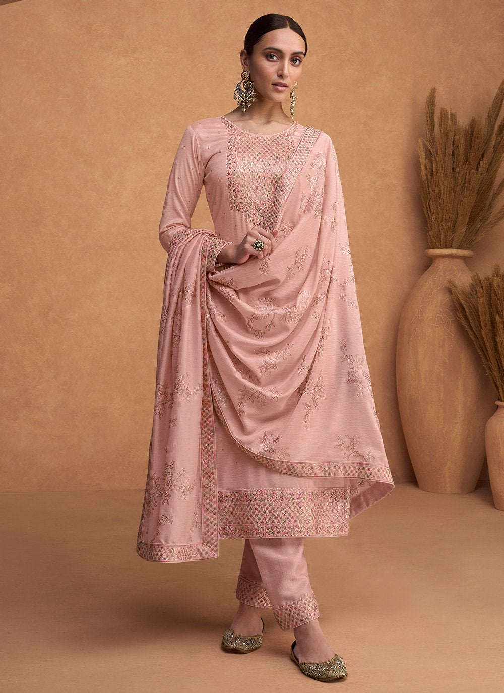 Salwar Suit Silk Pink Embroidered Salwar Kameez