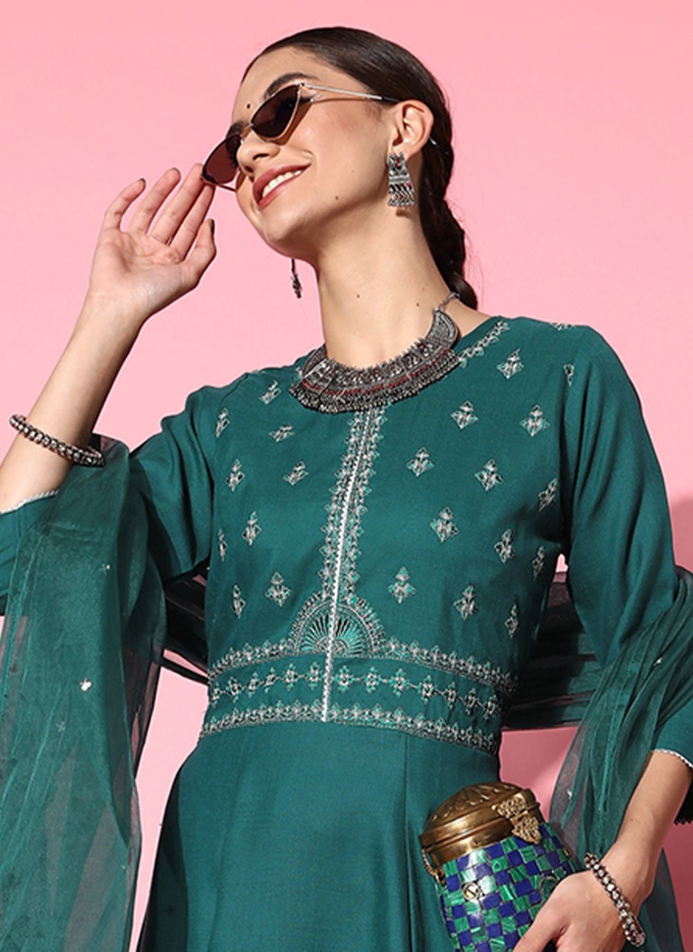 Salwar Suit Silk Green Embroidered Salwar Kameez