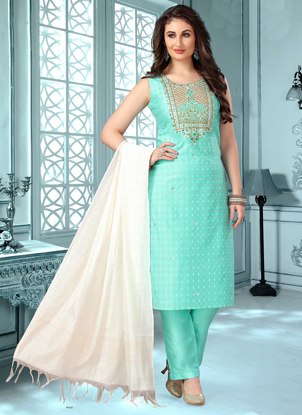 Salwar Suit Silk Sea Green Embroidered Salwar Kameez