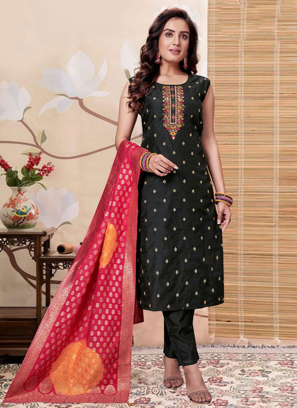 Salwar Suit Silk Black Embroidered Salwar Kameez