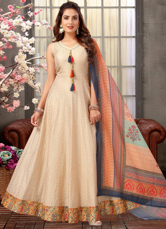 Salwar Suit Silk Cream Embroidered Salwar Kameez