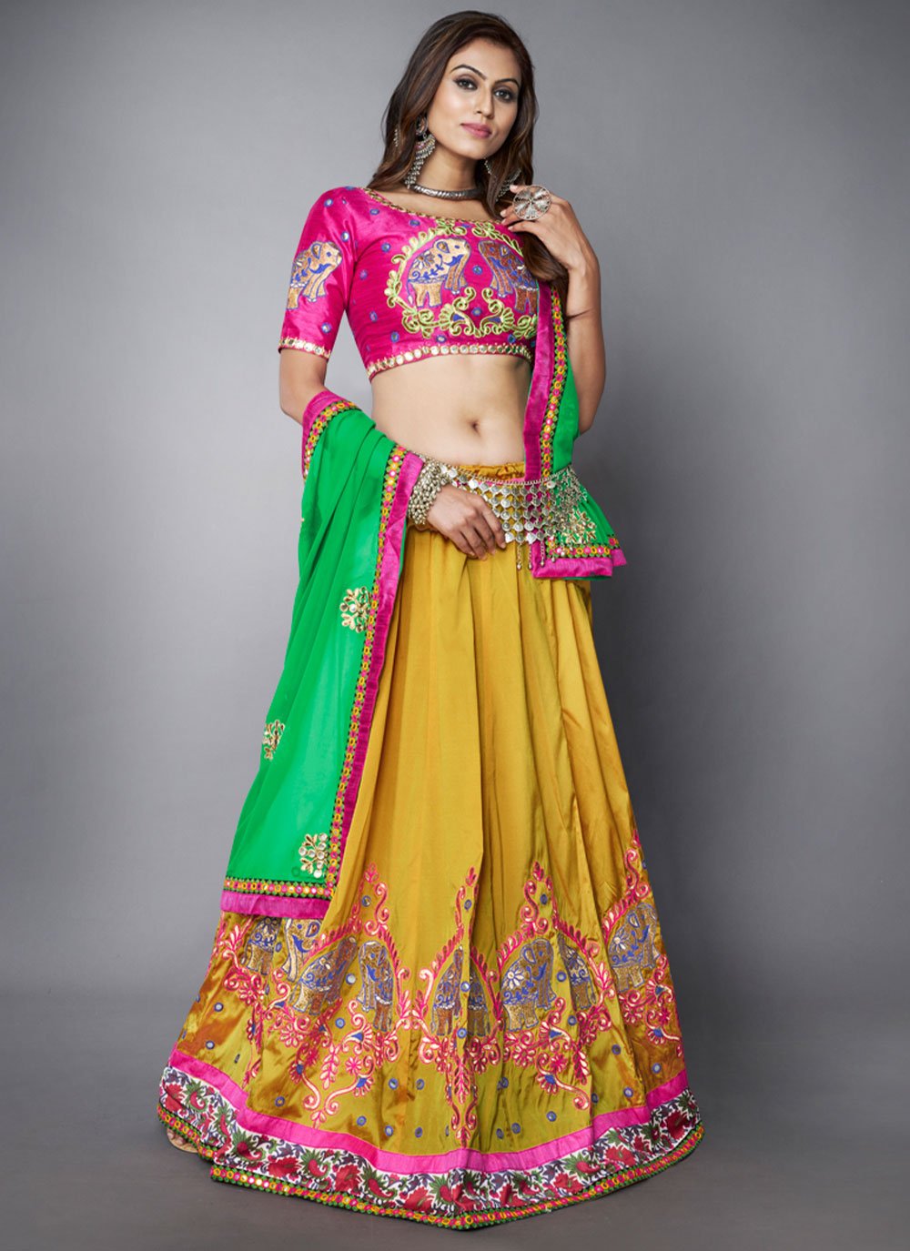 A Line Lehenga Silk Mustard Embroidered Lehenga Choli