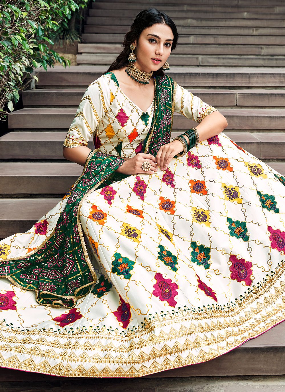 A Line Lehenga Silk White Embroidered Lehenga Choli