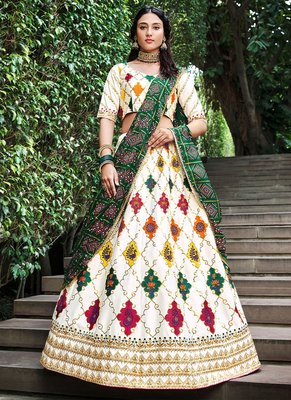 A Line Lehenga Silk White Embroidered Lehenga Choli