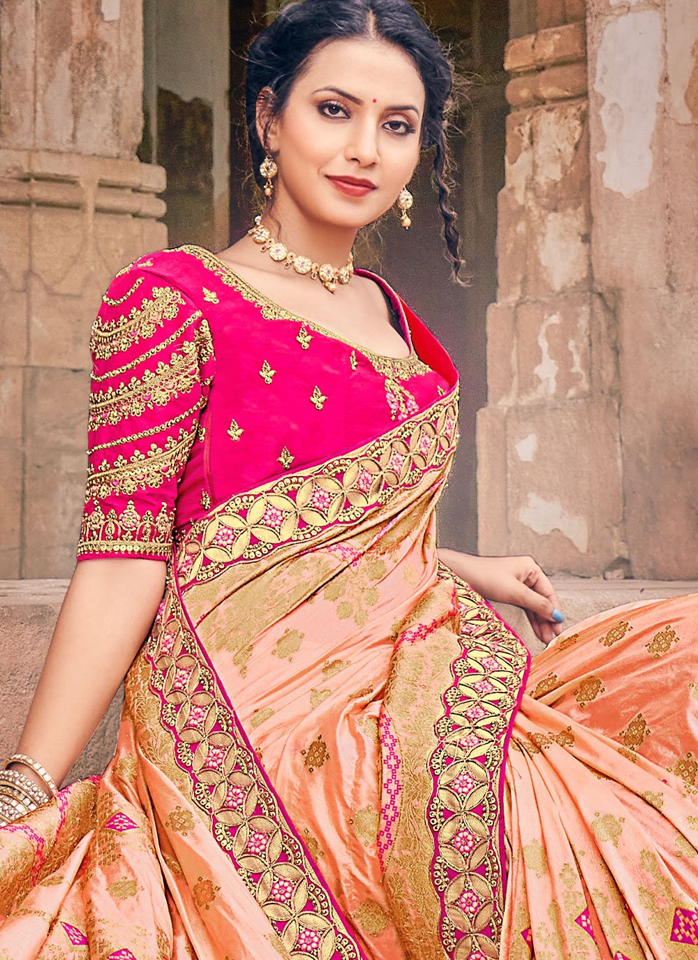 Classic Silk Peach Embroidered Saree