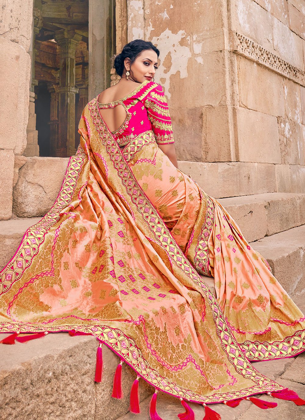 Classic Silk Peach Embroidered Saree