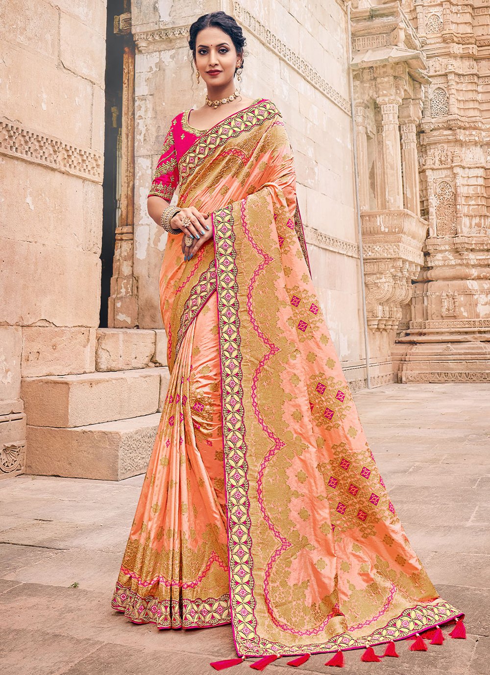 Classic Silk Peach Embroidered Saree