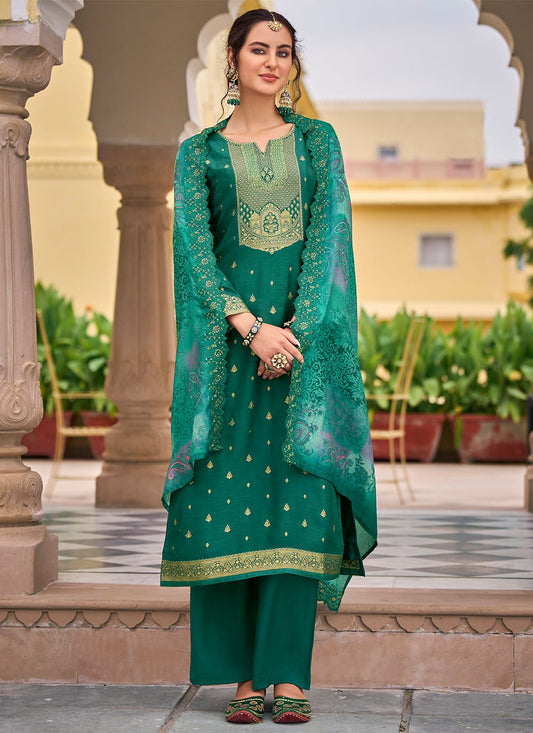 Palazzo Salwar Suit Silk Green Jacquard Work Salwar Kameez