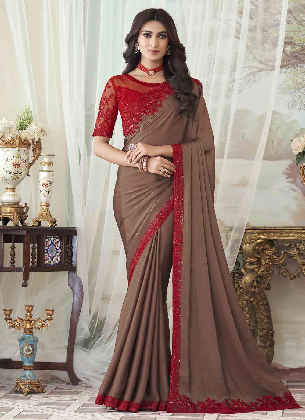 Classic Silk Brown Embroidered Saree