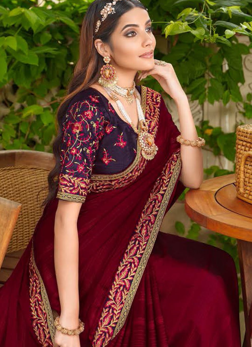 Trendy Saree Silk Wine Embroidered Saree