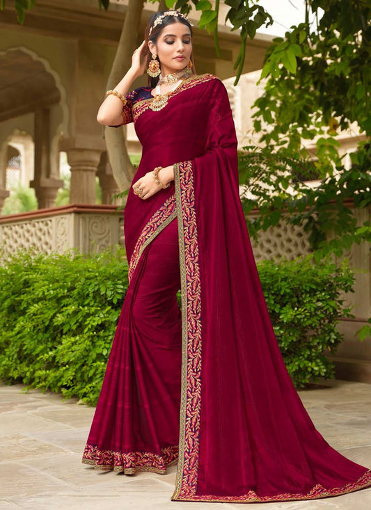 Trendy Saree Silk Wine Embroidered Saree