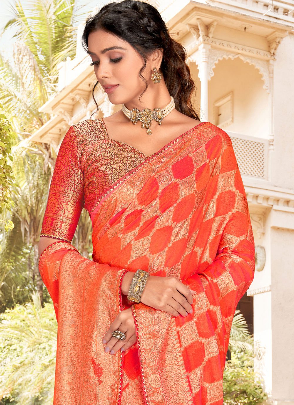 Classic Silk Orange Patch Border Saree