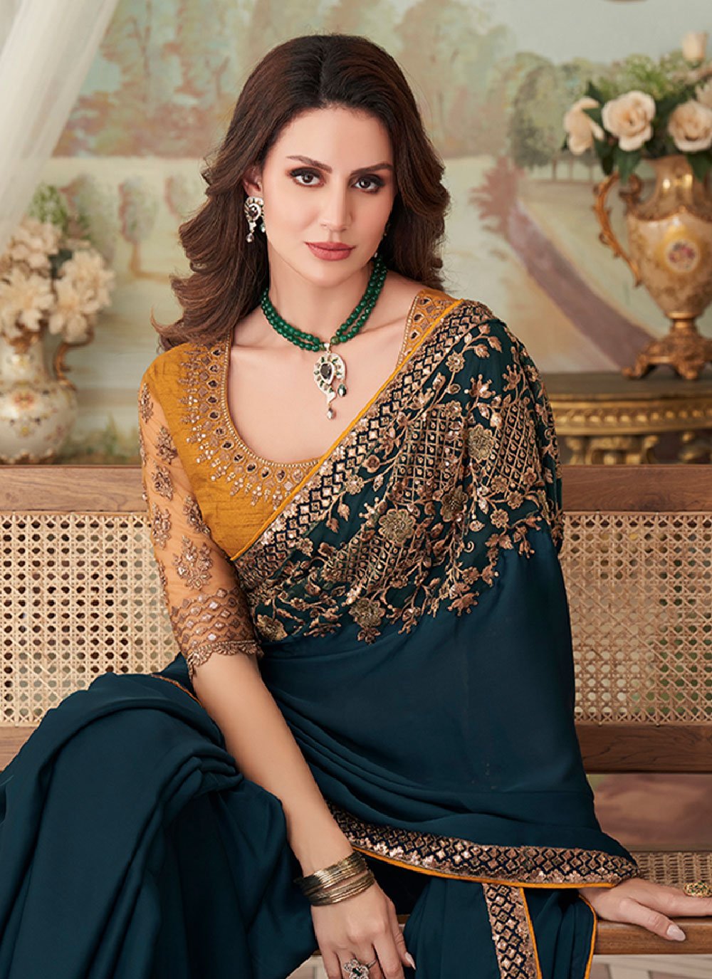 Classic Silk Teal Embroidered Saree