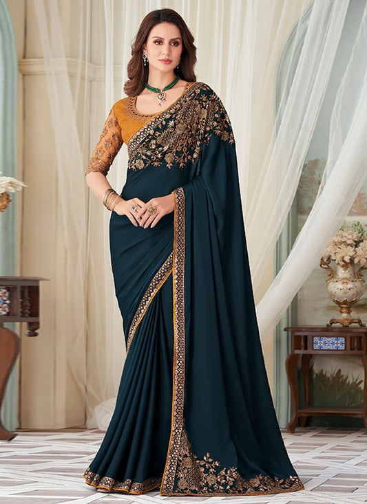 Classic Silk Teal Embroidered Saree