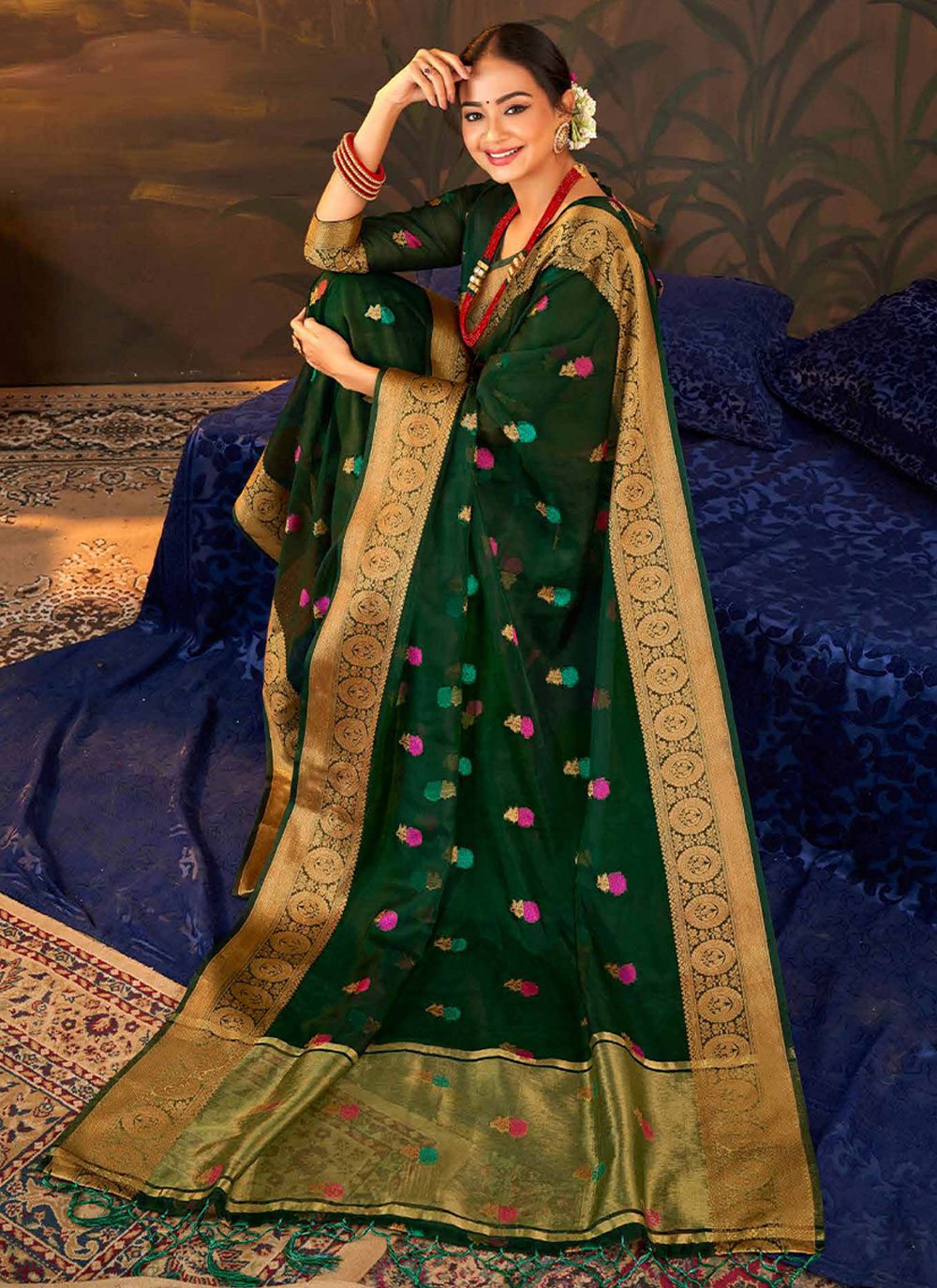 Classic Organza Silk Green Booti Saree