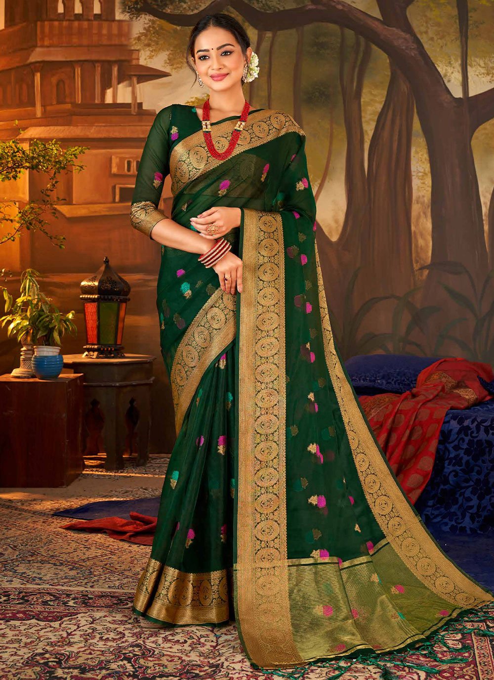 Classic Organza Silk Green Booti Saree