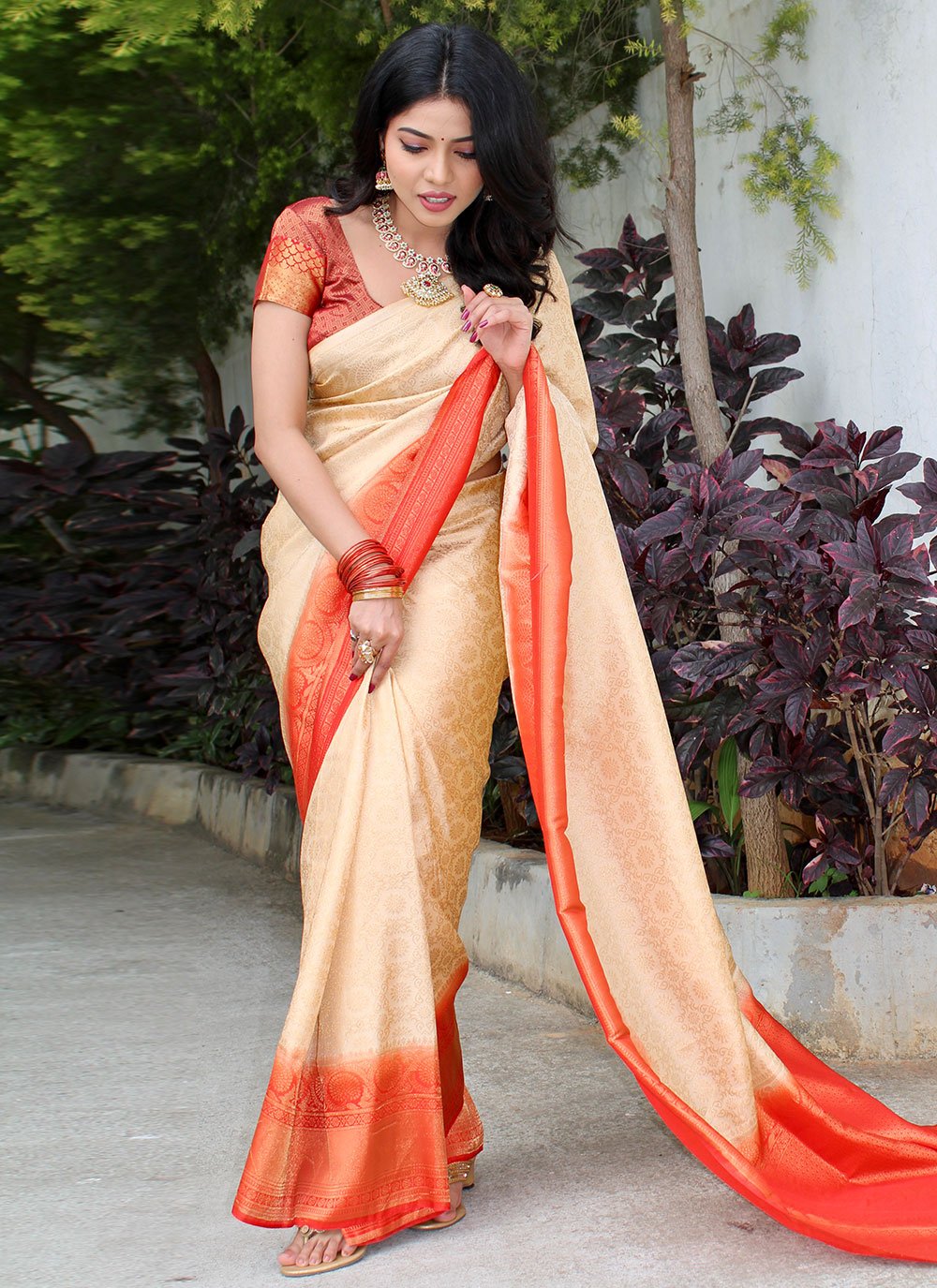 Classic Silk Cream Orange Woven Saree