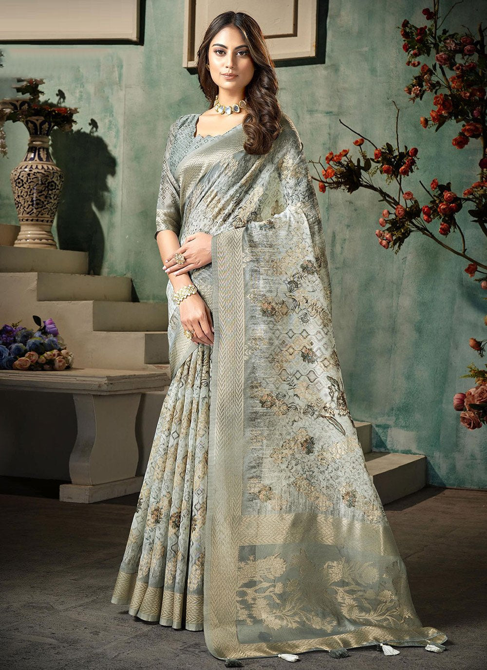 Classic Silk Grey Digital Print Saree