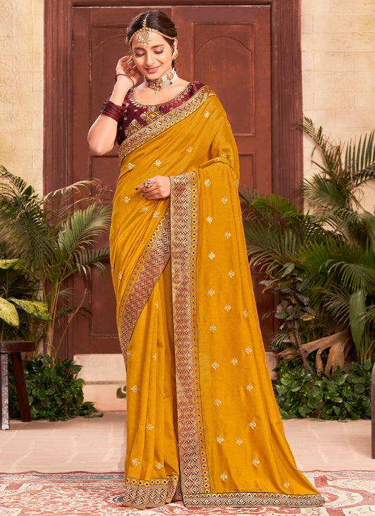 Classic Silk Mustard Embroidered Saree