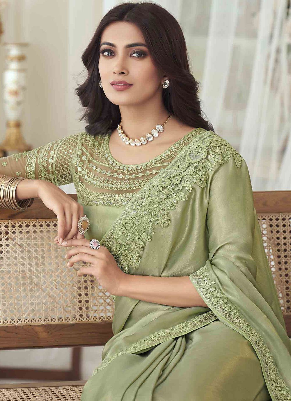 Classic Silk Sea Green Embroidered Saree