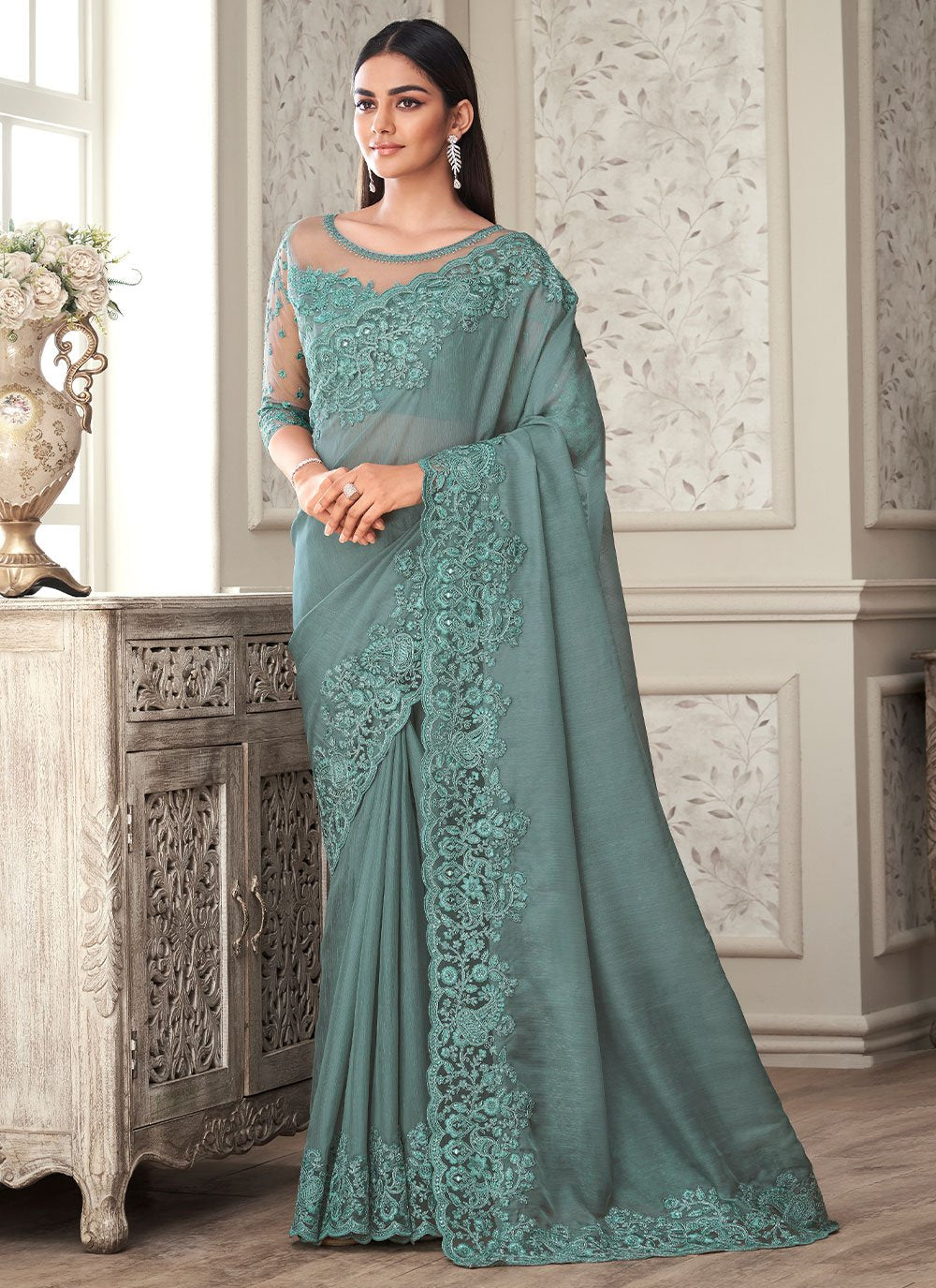 Contemporary Silk Sea Green Embroidered Saree