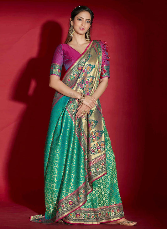 Designer Silk Sea Green Patch Border Saree