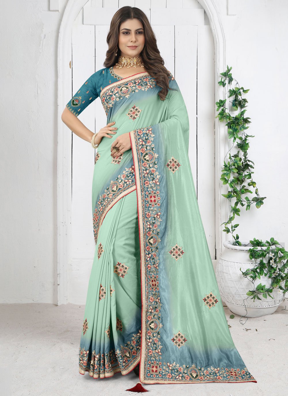 Classic Silk Sea Green Diamond Saree