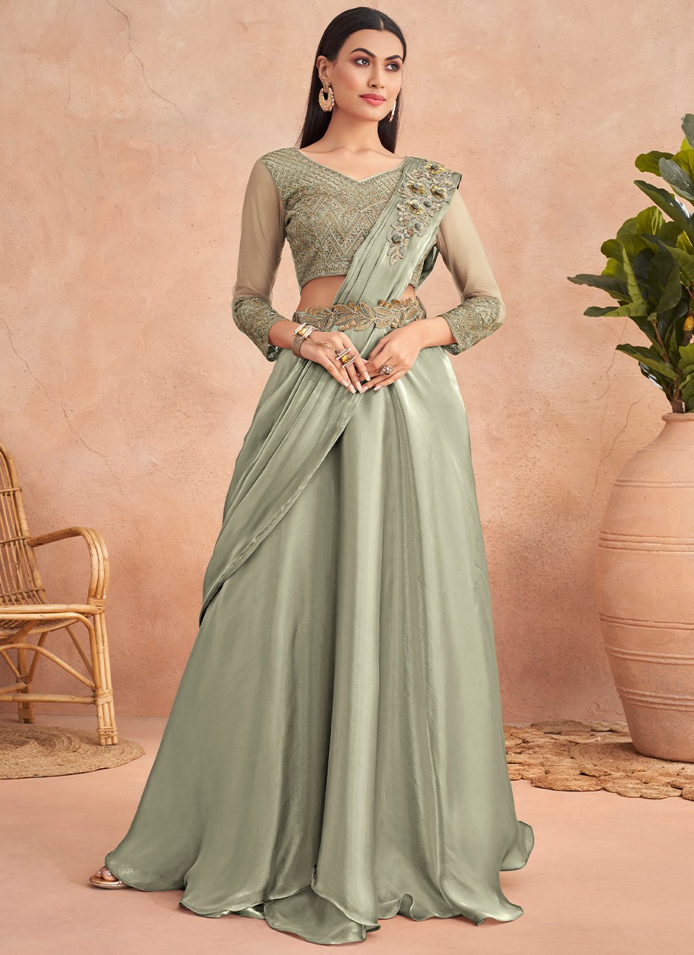 Lehenga Style Saree Silk Sea Green Embroidered Saree