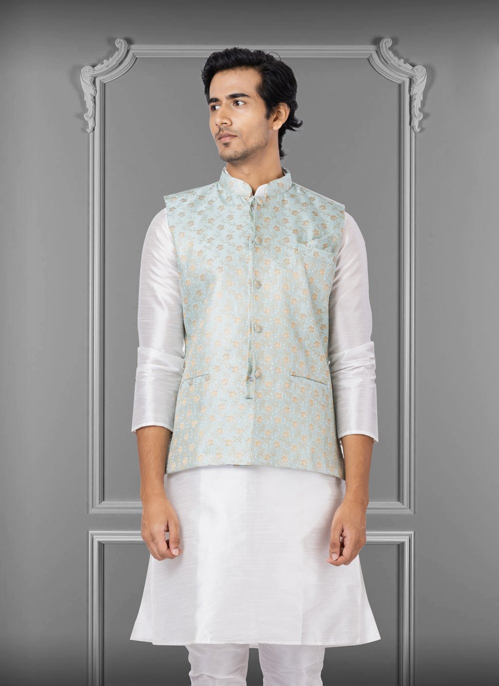 Nehru Jackets Linen Silk Sea Green Embroidered Mens