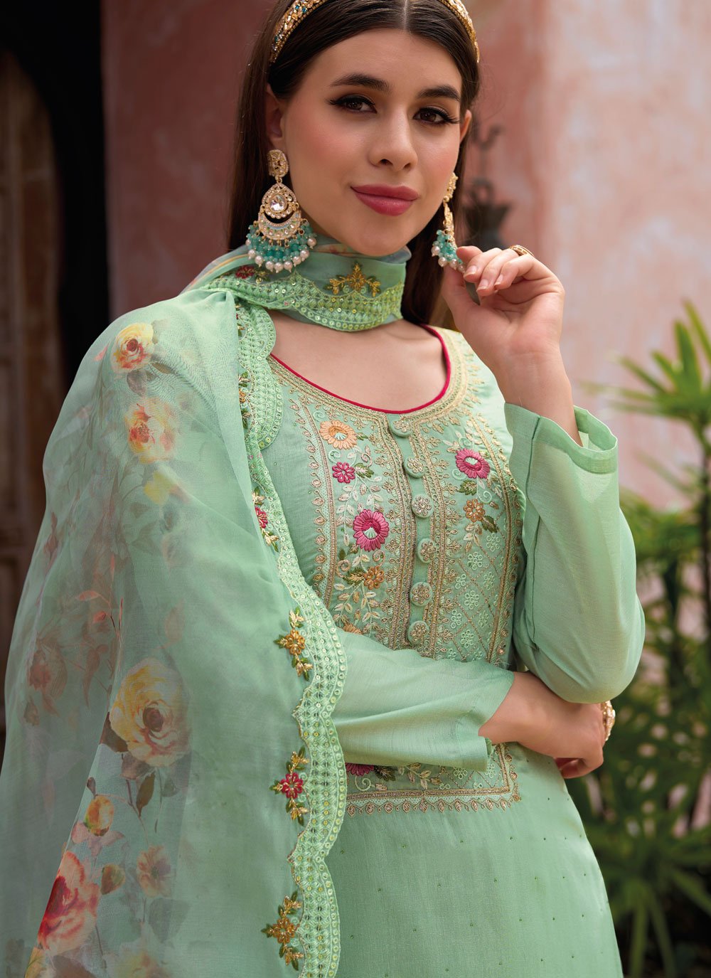 Salwar Suit Silk Viscose Sea Green Embroidered Salwar Kameez