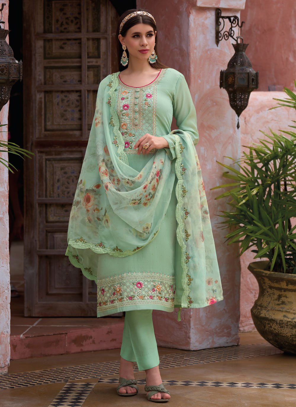 Salwar Suit Silk Viscose Sea Green Embroidered Salwar Kameez