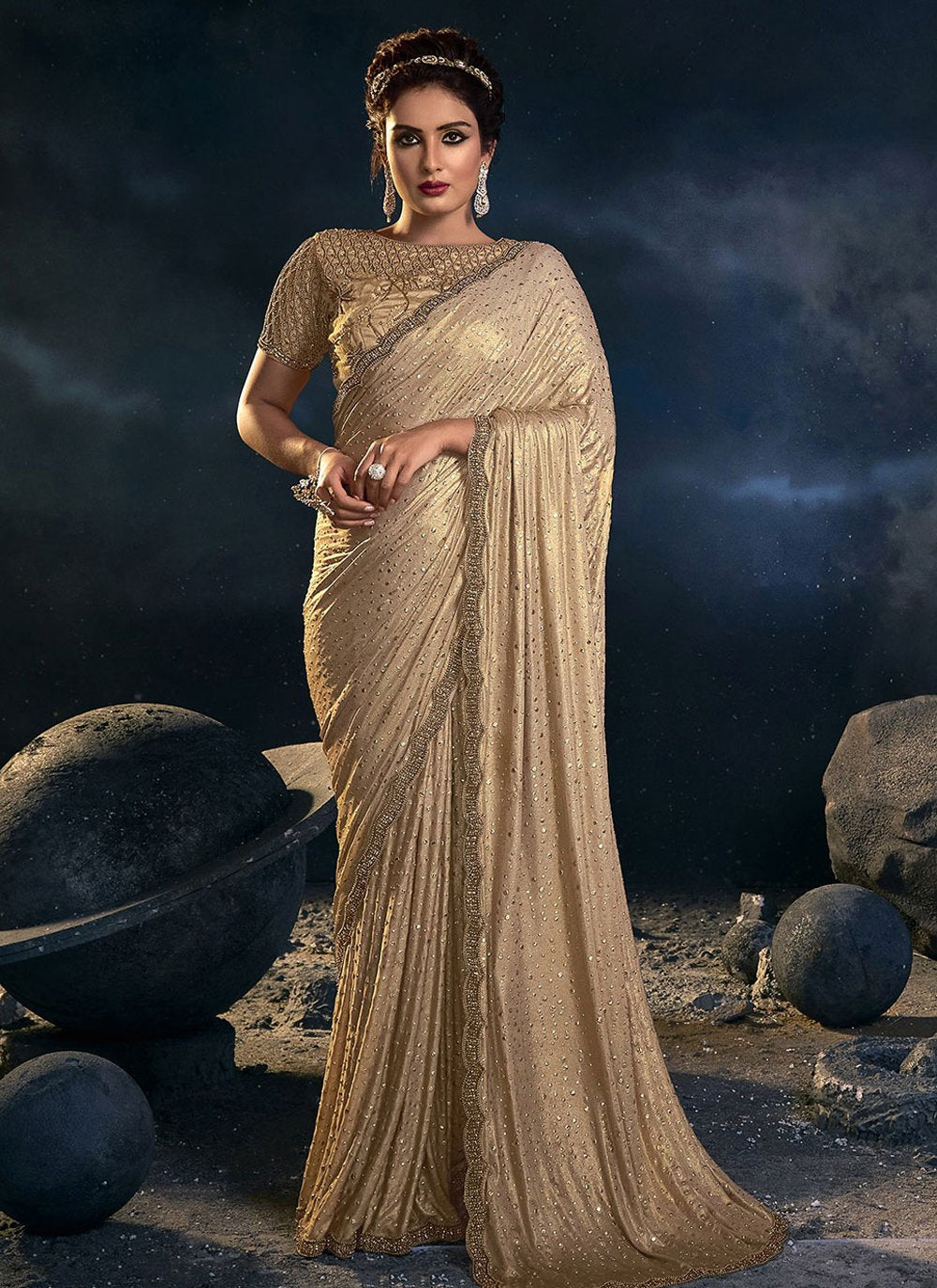 Designer Silk Brown Embroidered Saree