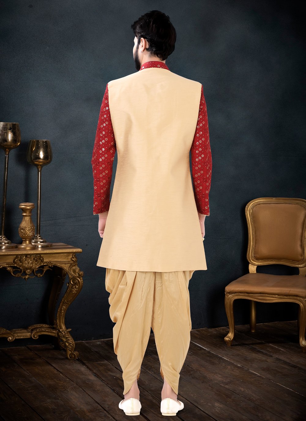 Indo Western Sherwani Silk Gold Red Embroidered Mens