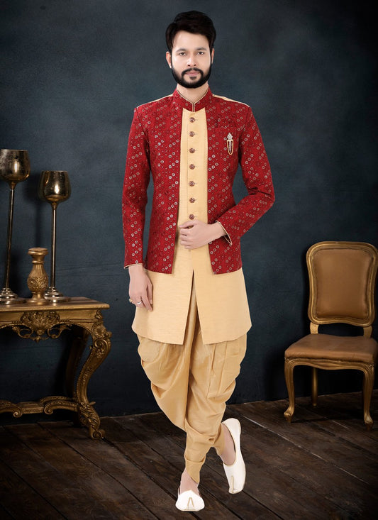 Indo Western Sherwani Silk Gold Red Embroidered Mens