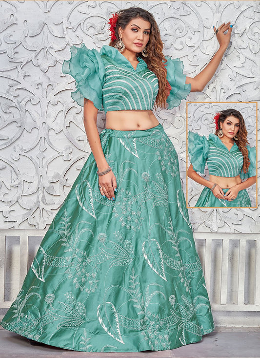 Readymade Lehenga Choli Silk Turquoise Cord Work Lehenga Choli